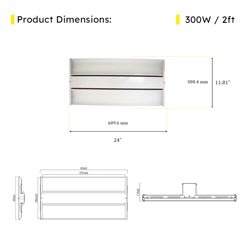 2ft LED Linear High Bay 300W 42600 Lumens - Frosted - UL DLC Premium 5 Year Warranty - Dimmable - Chain Mount