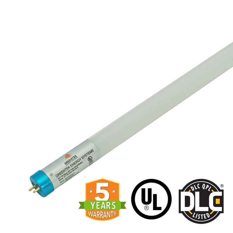 Hybrid T8 4ft LED Tube Light - Glass - G13 Base - 18W 2340 Lumens UL DLC Certified 5 Year Warranty - Ballast Compatible or Bypass - Pack of 25